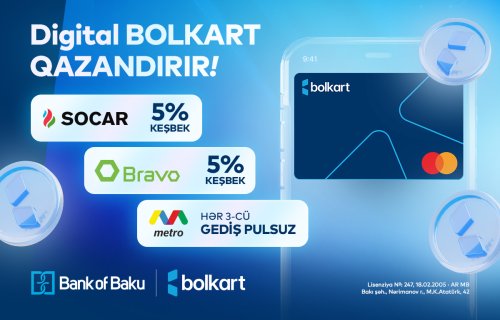 Bank of Baku-nun Mastercard Digital Bolkart kartı qazandırır - 5% KEŞBEK və PULSUZ GEDİŞLƏR!