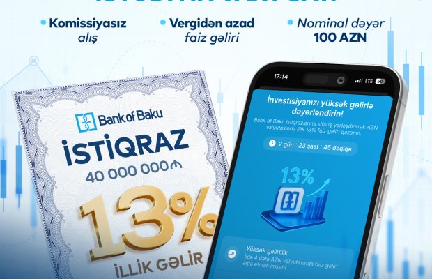 Bank of Baku istiqrazlarını ALIN, illik 13% GƏLİR QAZANIN, İSTƏDİYİNİZ VAXT SATIN.